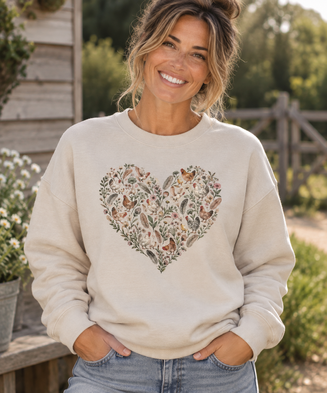 Chicken Floral Love Heart Jumper | Women's Relaxed Crew Jumper