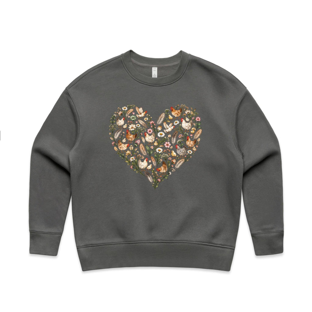 Chicken Floral Love Heart Jumper | Women's Relaxed Crew Jumper